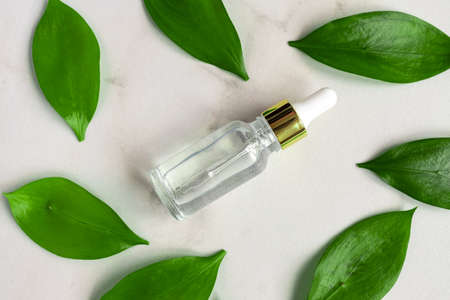 Serum bottle with dropper in frame from green tropical leaves on marble background. Aromatherapy oil. natural beauty product for skin or body care. Dermatology and cosmetology.の写真素材