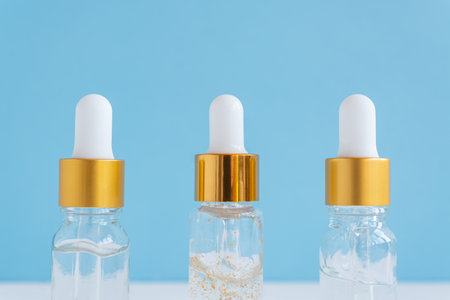 bottles with serum on blue background. dropper bottle with natural organic cosmetic. SPA, skincare,...