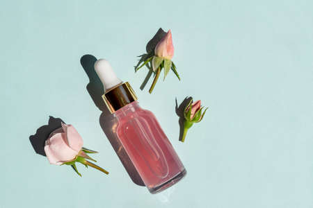 Transparent glass cosmetic bottle with a dropper on a blue background. Natural cosmetics concept, natural essential rose oil and skin care products.の写真素材