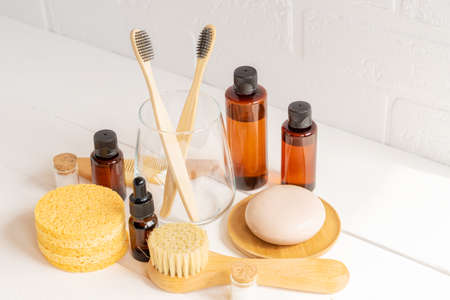 Spa composition with natural cosmetic products and bathroom personal accesories on white background....