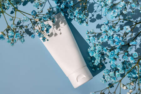 white cosmetic tube on a blue background withgypsophila flowers. The concept of a cream with natural ingredients and not testing on animalsの写真素材