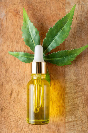 Herbal extract and cannabis leaf in transparent bottle dropper. Concept for natural eco cosmeticsの写真素材