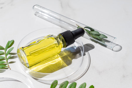 Laboratory glassware with serum and oil on white background. Natural medicine, cosmetic research,...