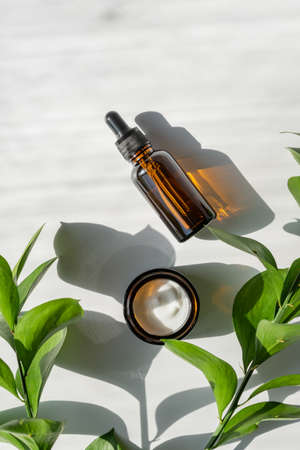 Skin care product set. Essential face oil and mousturizing cream on white background decorated green leaves. Daily routine in face skin treatment.の写真素材