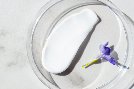 Skincare cosmetic cream or lotion swatch smear smudge on marble background. White creamy hygiene beauty product close up. flat lay, copy space.の写真素材