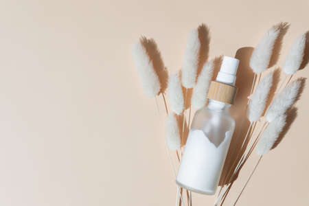 Top view of transparent frosted glass mockup bottle with face cream or essence decorated with lagurus plant. cosmetics mockup. Skin care routine.の写真素材