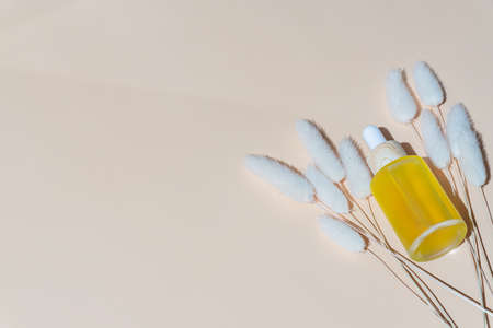 glass dropper bottle of yellow serum or essential oil and eyedropper on beige background. organic skincare cosmetics. Wellness, spa and beauty treatment concept. product mockup.の写真素材