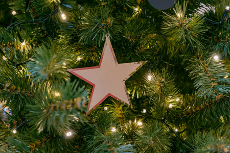 Close up of festive new year tree with a star in pastel colors. Trendy decoration for winter holidaysの写真素材
