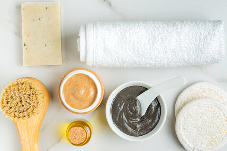 Self-care products, natural bath accessories for body and skin care over light background. Skin exfoliation procedures. Zero waste and eco living concept. Flat lay style.の写真素材