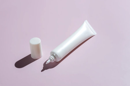 Eye base tube with cream, foundation, concealer on pink background. Women's hygiene cosmetic accessory for skincare. copyspace. Open cap naxt to tubeの写真素材