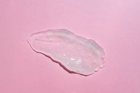 Liquid gel smear on pink background. Beauty cosmetic smudge such as pure transparent aloe or snail lotion, facial jelly serum, cleanser, shower gel or shampoo top view.の写真素材