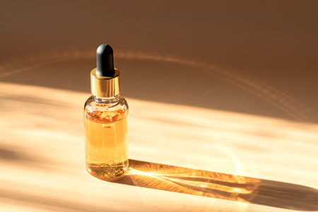 Transparent cosmetic bottle with pipette on beige background lit by the sun, product packaging, anti aging serum with peptides, cosmetics mockup, spa conceptの写真素材