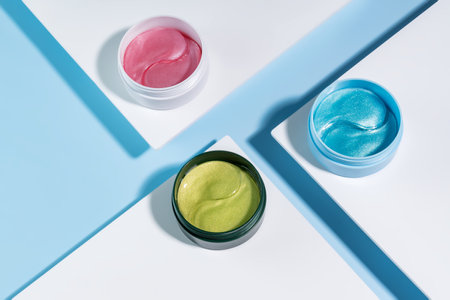 Hydrogel cosmetic eye patches for skin care on trendy white podiums on blue. Product for skin lifting, anti-aging wrinkles. under eye patches in a green container. cosmetics mockup.の写真素材
