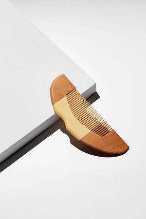 Wooden hair comb Isolated on a white podium with black shadow. Trendy catalog shot with copy space