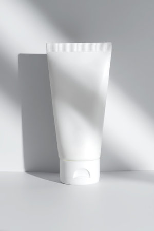 Cream tube on bright sunny white background. Cosmetic skincare product blank plastic package. White unbranded lotion, balm, hand creme mockup. Sunscreen cream bottle.の写真素材