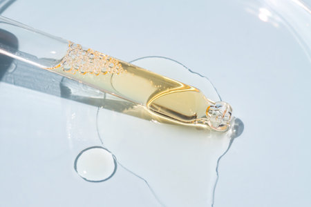 Bottle pipette dropper close up and Liquid yellow-orange retinol or vitamin c gel or serum on a blue...