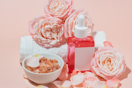 Unbranded glass bottle with dropper lid with drop of serum on pink background. Cosmetic container for medicines, essential oils, massage oils, next to bowl with Himalayan salt and cotton towel.の写真素材