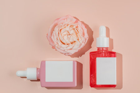 Cosmetics packaging. Set of cosmetic bottles with serum on a pink background. Blank packaging. Natural beauty spa product concept. Beauty. Mock-up.の写真素材