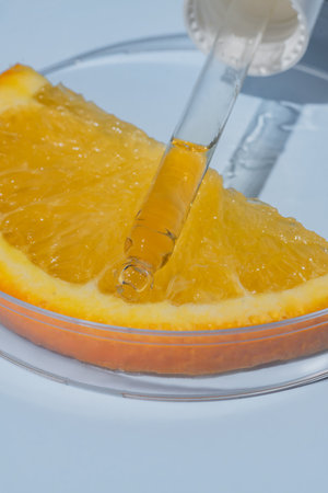 Glass pipette of AHA acid on an orange in glass circle petri dish, blue background. Cosmetics...