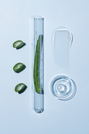 A petri dish on a blue background with samples of a skin care product. Aloe vera leaf. Natural skin care cosmetics. Gel smear.の写真素材