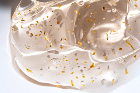 Luxury transparent cream gel with sparkling 24k gold particles, perfect for beauty products,...