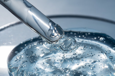 close up of pipette with pouring liquid serum gel and shadows on blue background. Trendy cosmetics...