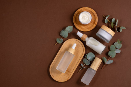 Glass bottles and jars with natural cosmetics and eucalyptus on wooden tray on table. Organic bio cosmetics set. Space for text.の写真素材