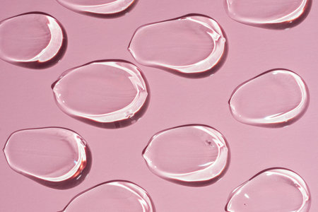 High-quality, cosmetic serum swatches pattern reflected off a smooth surface creating a clean and modern aesthetic for beauty concepts.の写真素材