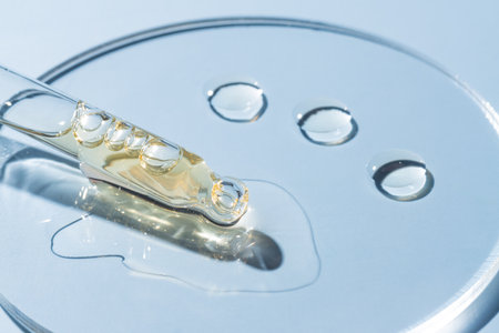 glass pipette dropper close up and Liquid yellow-orange retinol or vitamin c gel or serum on a petri dish on blue background. Cosmetics lab researchの写真素材
