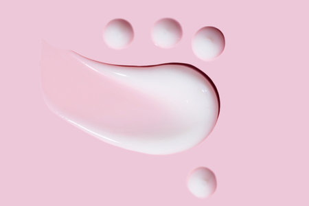 Cosmetic product smear moisturizing lotion isolated on pink, squeezed out and smeared portion of skincare cream product testing.の写真素材