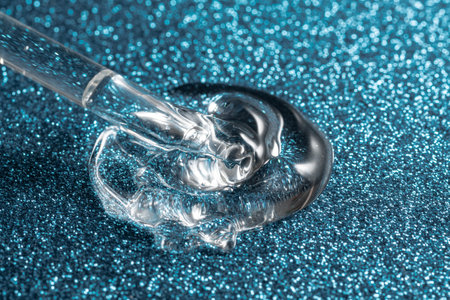 Drop of transparent facial serum with pipette on glittering blue background. Skincare Liquid gel swatch, serum texture. Face serum macro swatch. Cosmetic Beauty product closeup.の写真素材