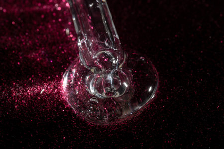 macro of cosmetic pipette dropper with liquid gel or face serum on glitter pink background with dramatic light. skin care luxury cosmetics presentation, textures and swatchesの写真素材