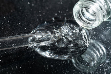 Close up of face beauty oil or serum in transparent dropper bottle on black glittering background. Hyaluronic acid in a glass pipette. Luxury face careの写真素材