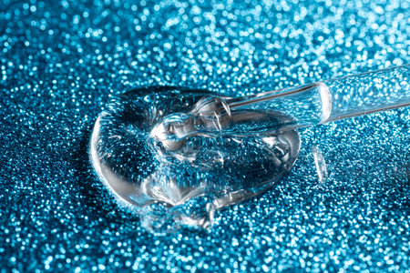An image shows a pipette elegantly dropping a face care serum against a beautifully shimmering blue backgroundの写真素材