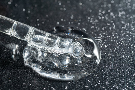 Close up of face beauty oil or serum in transparent dropper bottle on black glittering background. Hyaluronic acid in a glass pipette. Luxury face careの写真素材