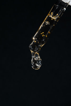 Liquid serum and dropper on a black background macro. Serum drop falls out of a pipette.の写真素材
