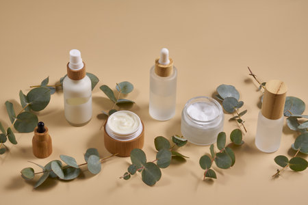 Natural cosmetics in bamboo glass packaging on white background. SPA organic beauty products set. Skin care concept.の写真素材