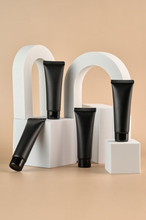 Cosmetics packaging. Set of black cream tubes on white podiums. Blank packaging. Natural beauty spa product concept. Beauty. Mock-up.の写真素材