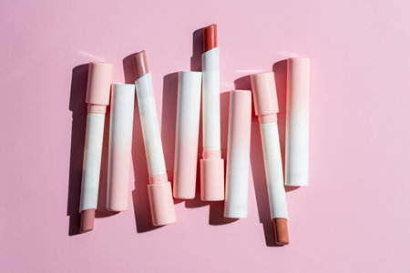 Set of lipsticks in gradient white and pink cases on a pink background, red and brown matte shades. Perfect for use in cosmetics marketing, beauty blogs, or product showcases.の写真素材