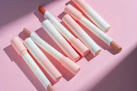 Set of colored lipsticks. Red, pink, brown, nude lipstick mockup. Make up packaging. Decorative cosmetic for lip. Blank template of containers. Pink backgroundの写真素材