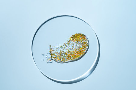 Liquid gel gold. transparent gel liquid with golden glitter In a Petri dish on blue background. Laboratory research of cosmetics, gel, medicine. Chemistry sample testingの写真素材