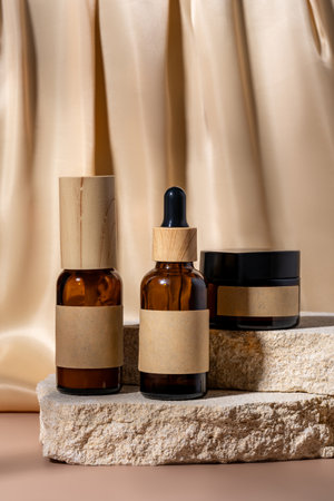 Premium skincare cosmetics set displayed on textured stone podiums, highlighting minimalist design against a beige textile drapery backdrop.の写真素材
