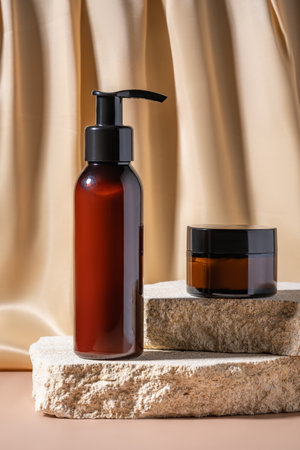 Premium skincare and body care cosmetics set displayed on textured stone podiums, highlighting minimalist design against a beige textile drapery backdrop.の写真素材
