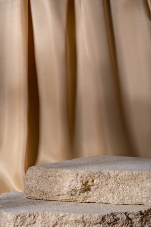 Beige natural stones podium on beige textile drapery background, platform for product display. Blank for mockup design. Front view. Copy spaceの写真素材