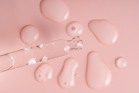 Elegant and beautiful serum dropper featuring glossy droplets resting on a soft pink surface that...