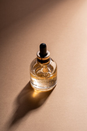 glass dropper bottle with beauty face oil 24k gold serum on beige background with shadows. anti aging serum with natural ingredients.の写真素材