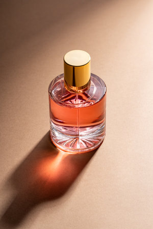 eau de parfum, the perfume fragrance cosmetic mockup, luxury product branding, round bottle with golden cap, bottle container glass with caustic shadowsの写真素材