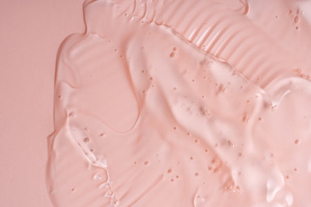 A closeup view of shiny, glossy pink gel with bubbles, which is perfect for various skincare and beauty applicationsの写真素材