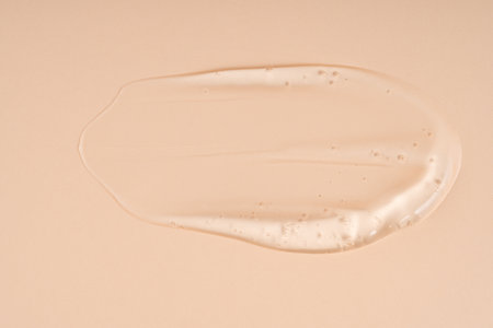 Squeezed cosmetic clear cream gel texture Isolated on beige background. Close up transparent serum drop smearの写真素材