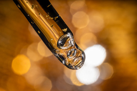 Liquid serum and dropper on a bokeh golden background macro. Serum drop falls out of a pipette.の写真素材